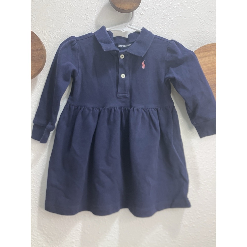 Ralph Lauren 18M Girls Long Sleeve Blue Collared Dress Pink Pony Preppy Classic